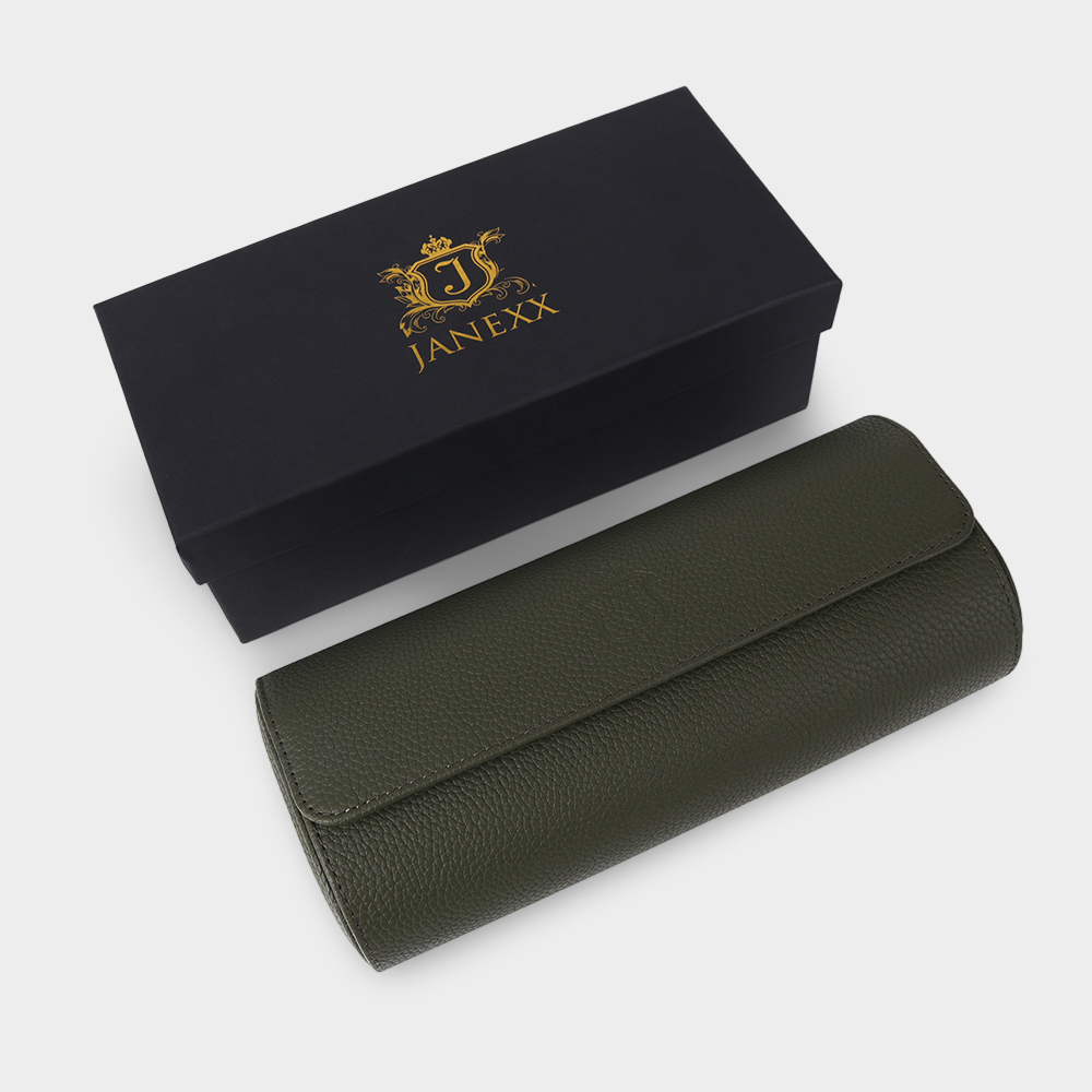 Janexx Premium Leder-Uhrenetui für 3 Uhren - Olivgrün