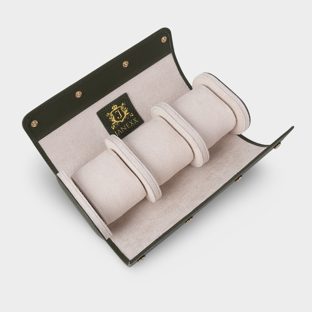 Janexx Premium Leder-Uhrenetui für 3 Uhren - Olivgrün