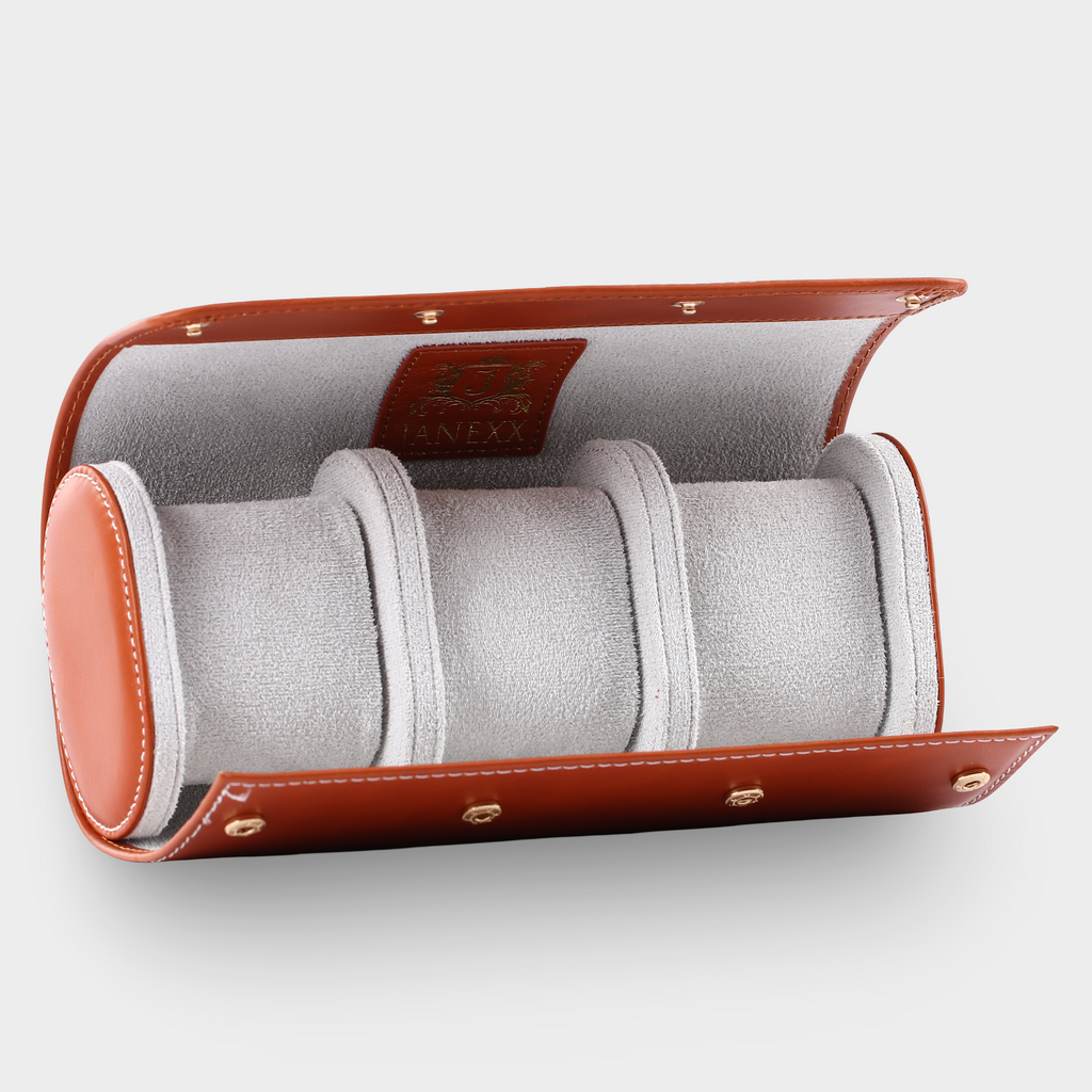 Janexx Premium Leder-Uhrenetui für 3 Uhren - Cognac Braun