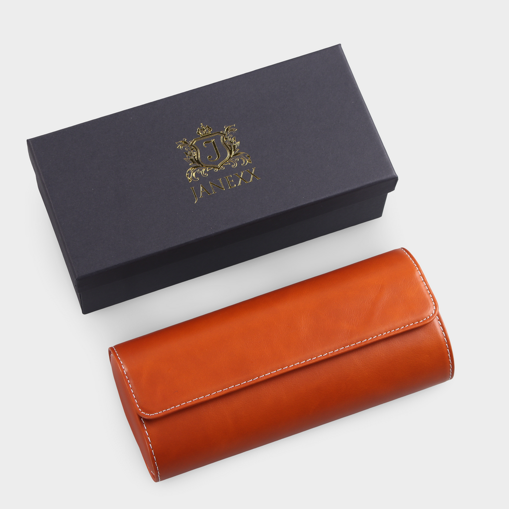 Janexx Premium Leder-Uhrenetui für 3 Uhren - Cognac Braun