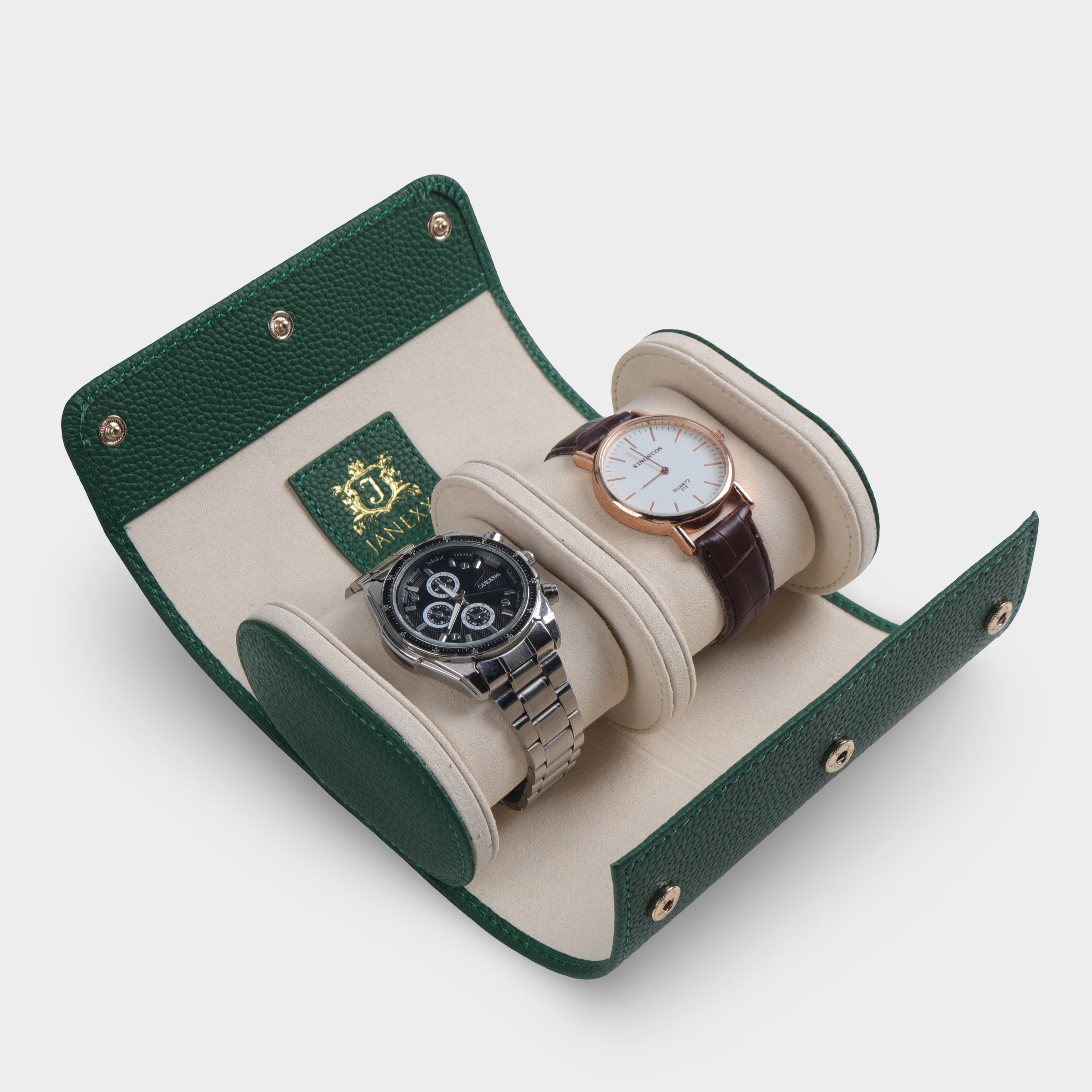 Janexx Leder Uhrenetui für 2 Uhren – Waldgrün
Janexx Uhrenrolle aus Leder – Premium Qualität
Innenpolster Uhrenetui – sicherer Schutz für Armbanduhren