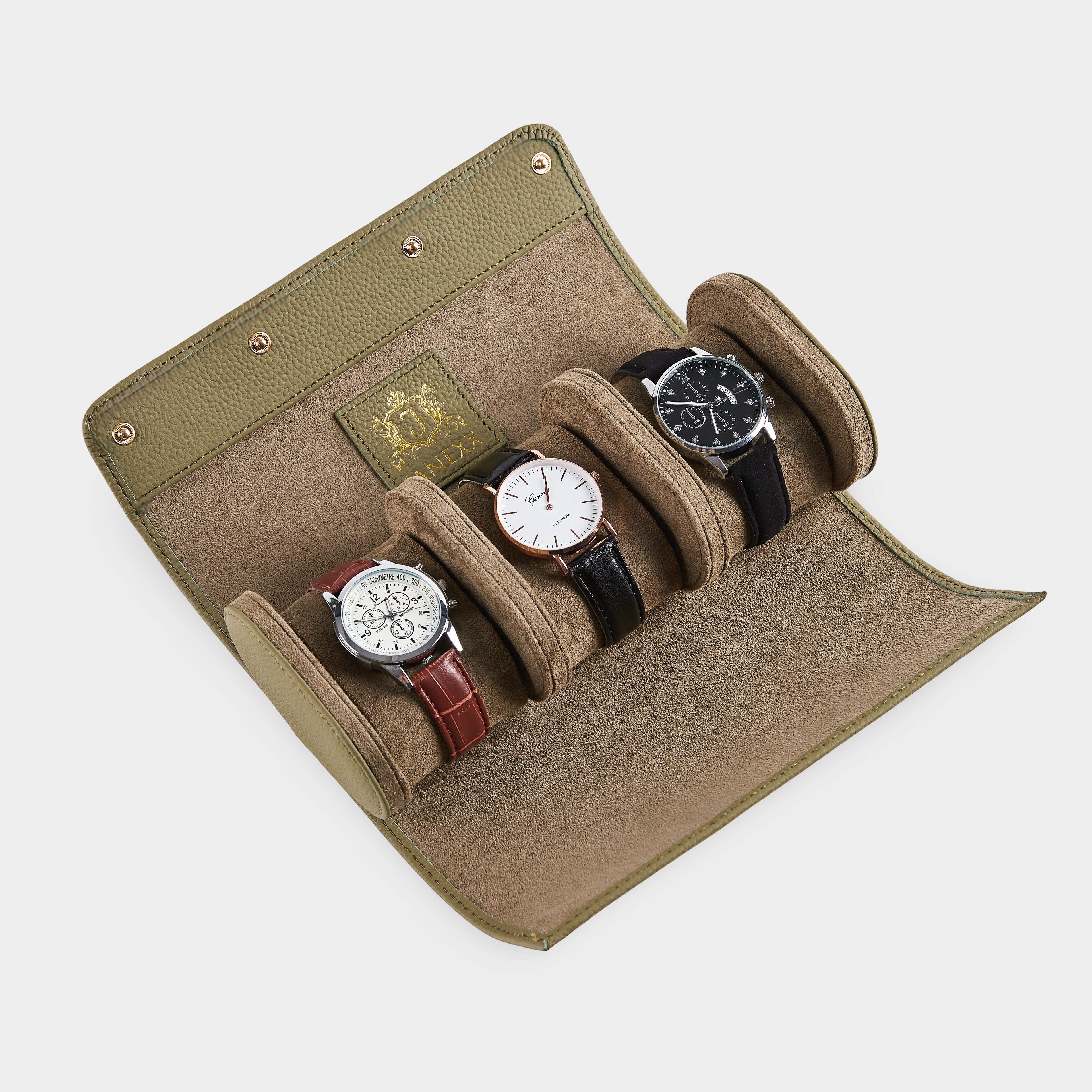 Janexx Leder Uhrenetui für 3 Uhren – Olivgrün
Janexx Uhrenrolle aus Leder – Premium Qualität
Innenpolster Uhrenetui – sicherer Schutz für Armbanduhren