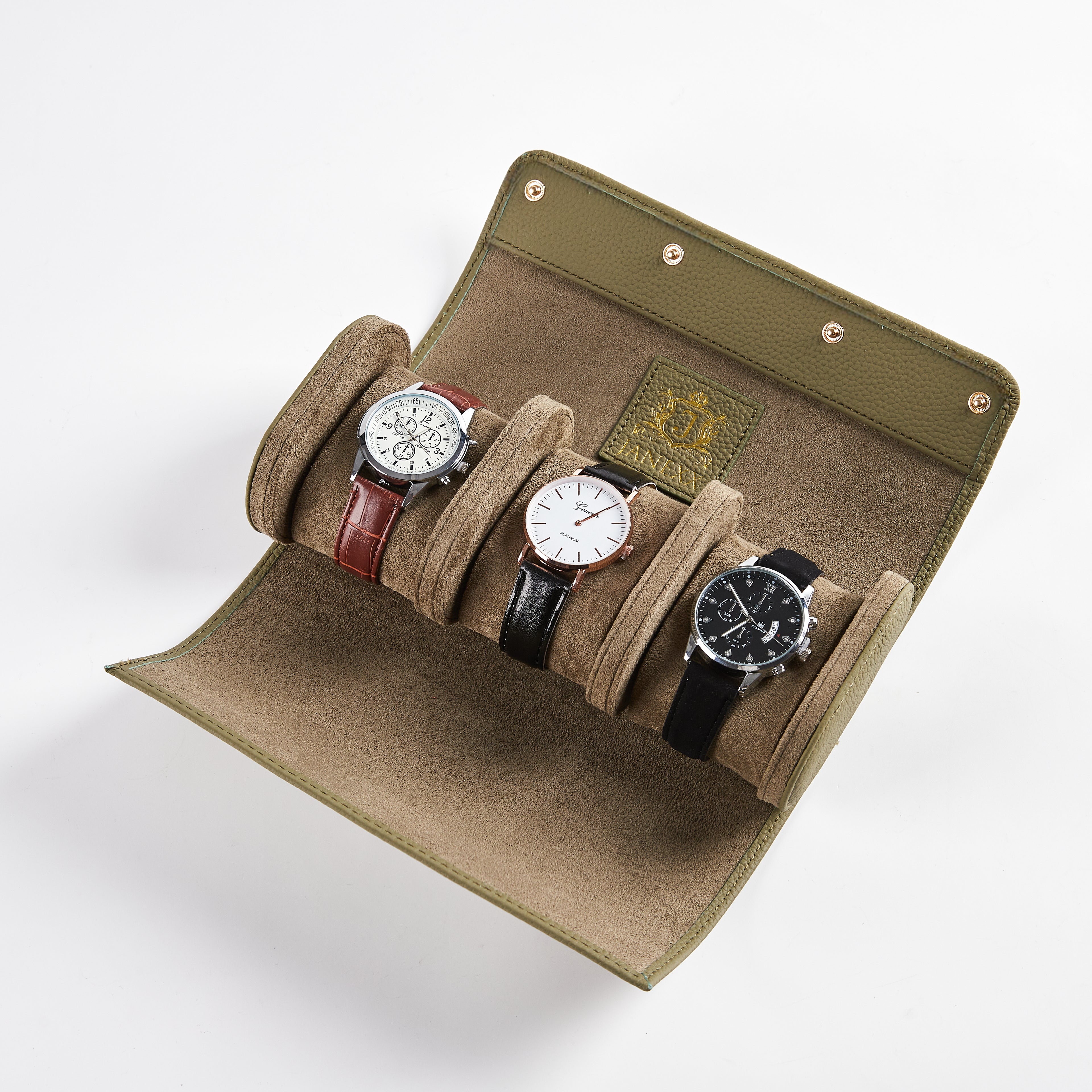 Janexx Leder Uhrenetui für 3 Uhren – Olivgrün
Janexx Uhrenrolle aus Leder – Premium Qualität
Innenpolster Uhrenetui – sicherer Schutz für Armbanduhren