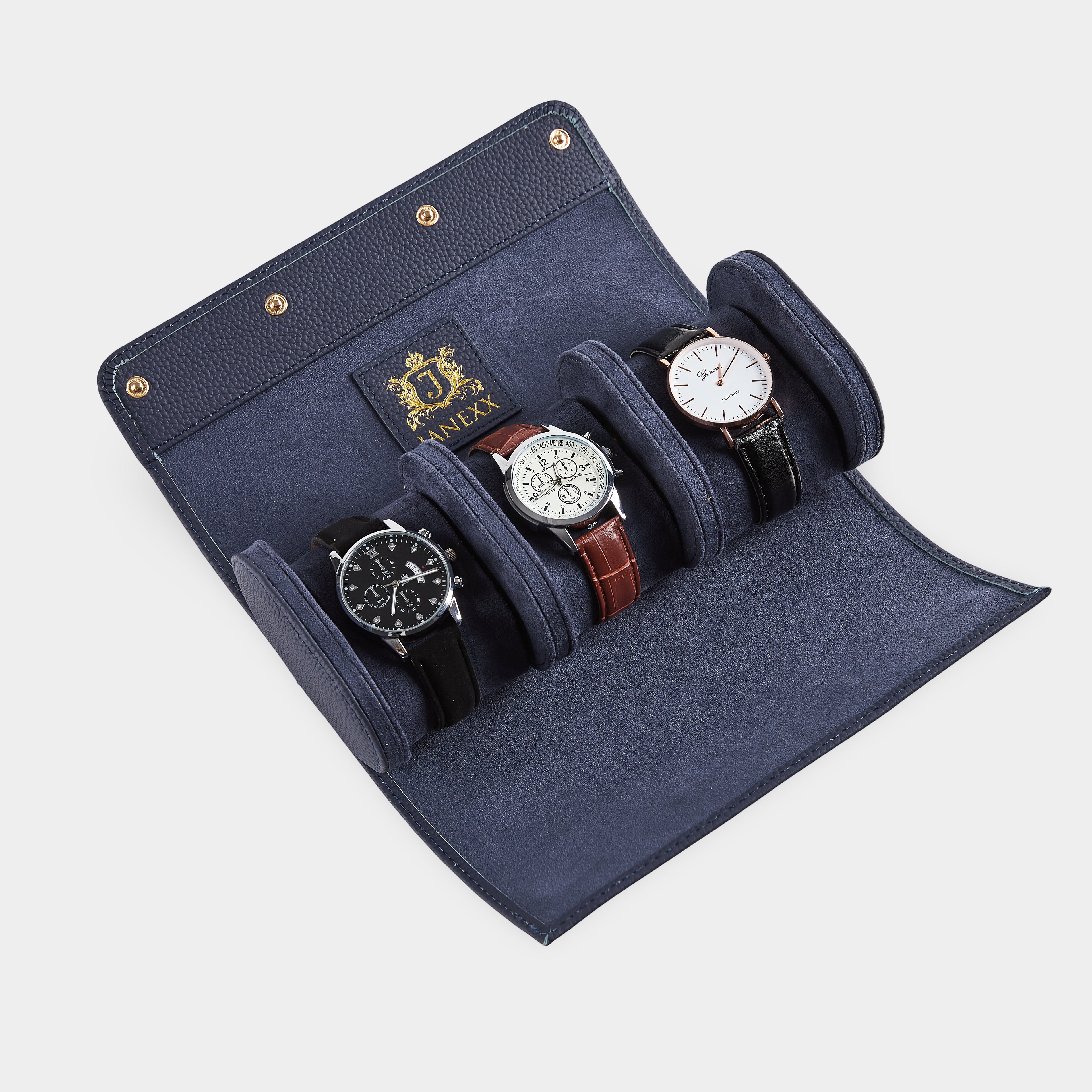 Janexx Leder Uhrenetui für 3 Uhren – Königsblau
Janexx Uhrenrolle aus Leder – Premium Qualität
Innenpolster Uhrenetui – sicherer Schutz für Armbanduhren