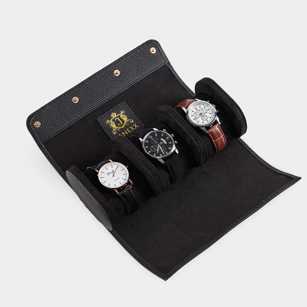 Janexx Leder Uhrenetui für 3 Uhren – Phantomschwarz
Janexx Uhrenrolle aus Leder – Premium Qualität
Innenpolster Uhrenetui – sicherer Schutz für Armbanduhren