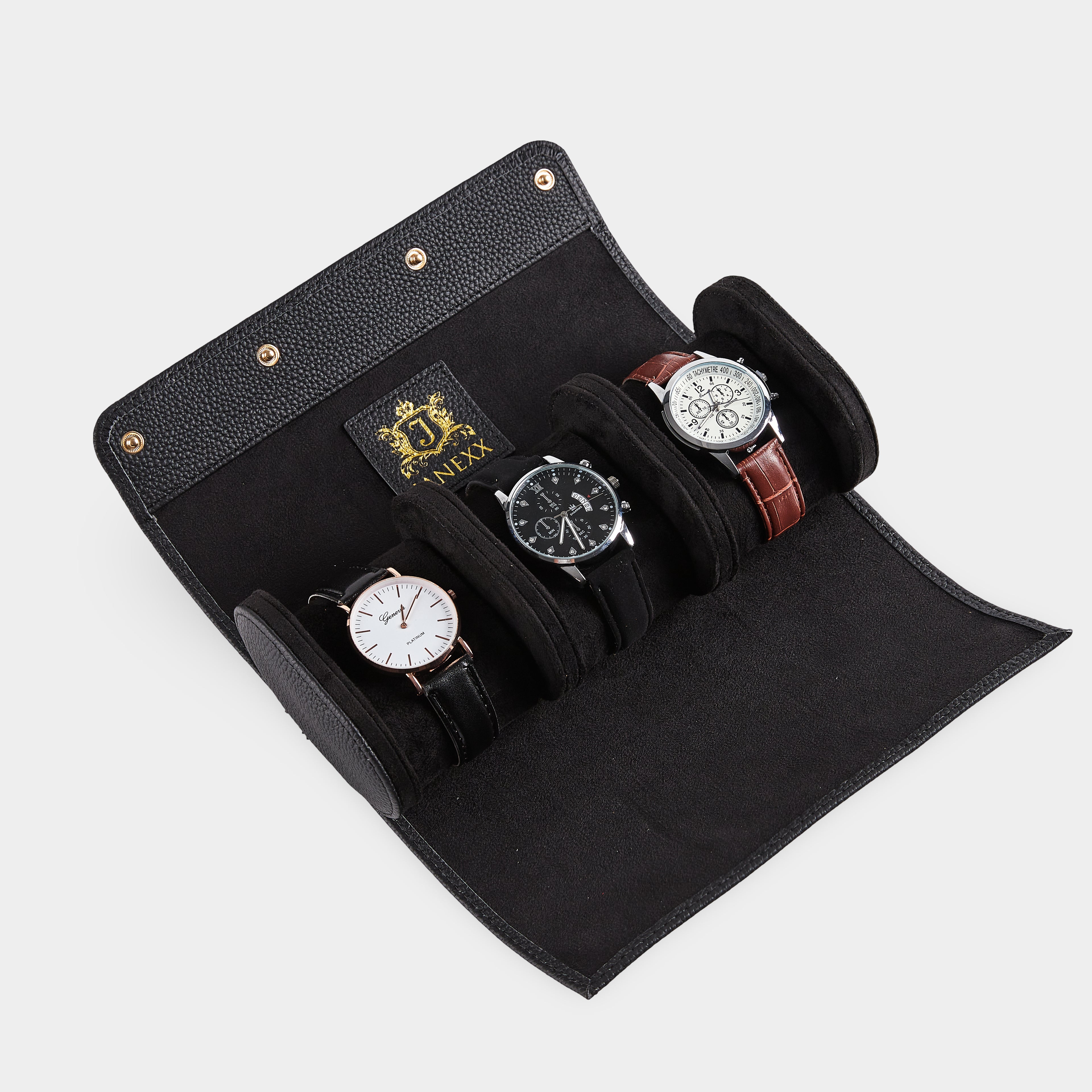 Janexx Leder Uhrenetui für 3 Uhren – Phantomschwarz
Janexx Uhrenrolle aus Leder – Premium Qualität
Innenpolster Uhrenetui – sicherer Schutz für Armbanduhren