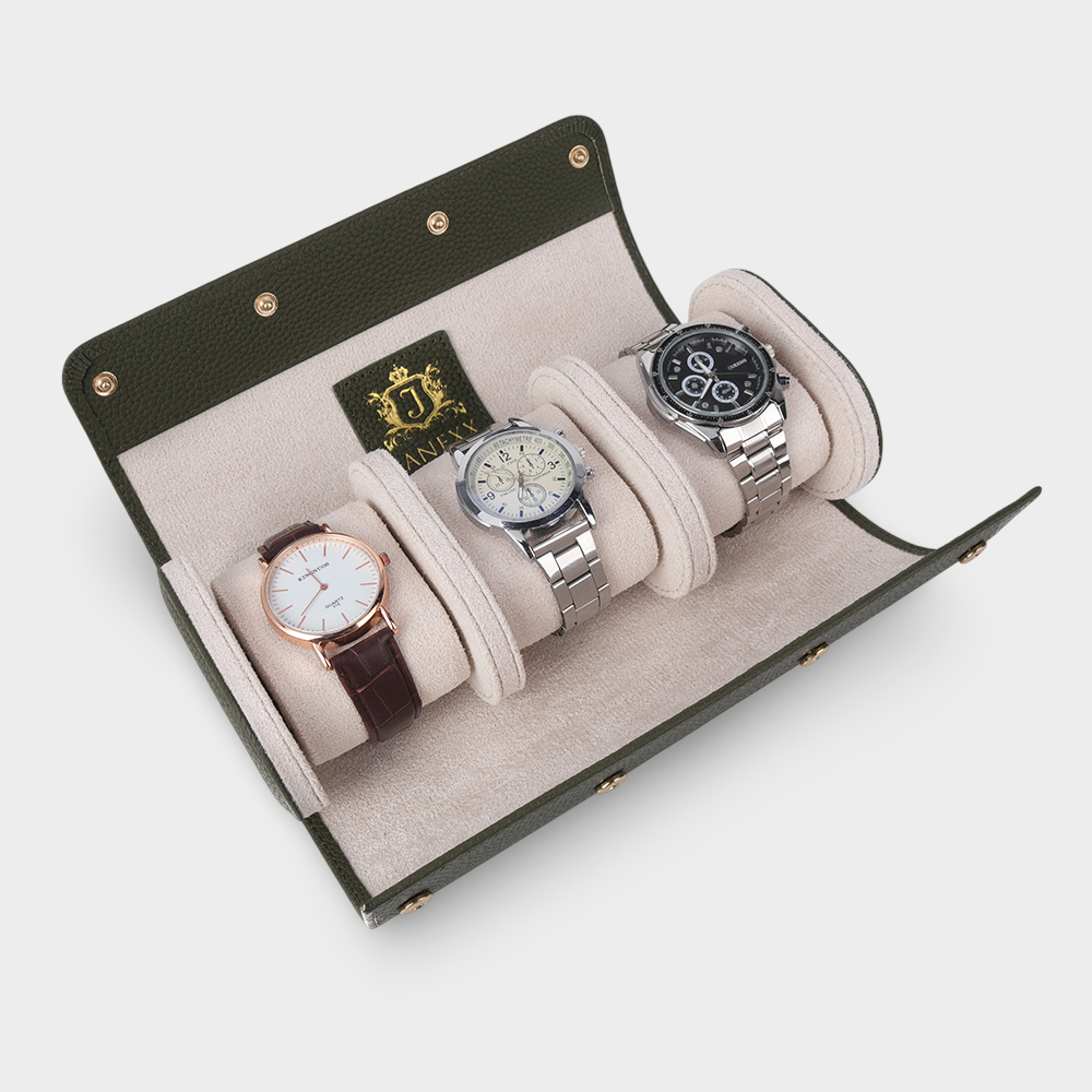 Janexx Leder Uhrenetui für 3 Uhren – Olivgrün
Janexx Uhrenrolle aus Leder – Premium Qualität
Innenpolster Uhrenetui – sicherer Schutz für Armbanduhren
